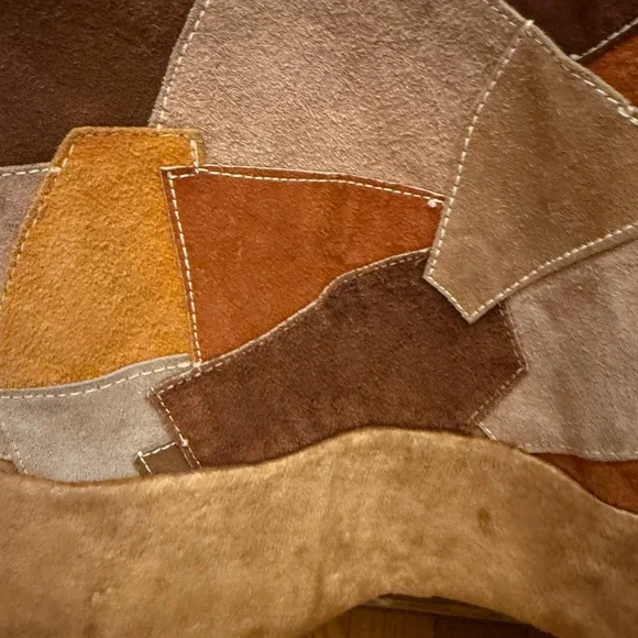 Vintage Flower Power Festival Patchwork Suede Jacket Poncho Bird Brown & Camel - Picture 9 of 12